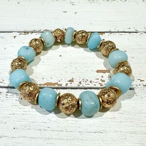 Asymmetric Baby Blue Quartz & Gold Tone Lava Stone Stretchy Bracelet